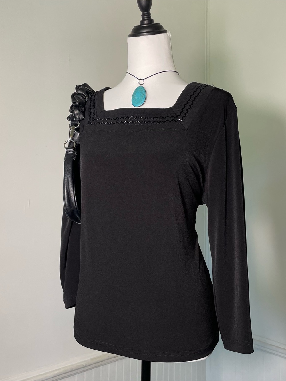 Sag Harbor - Stretch Black Beaded Square Neck Long Sleeve Top
